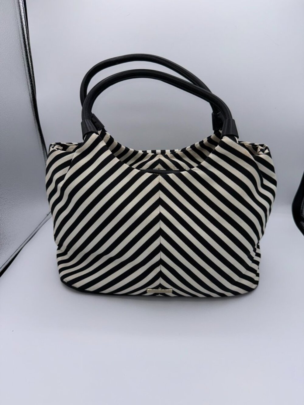 Kate Spade Black White Canvas Striped Bow Handbag Purse Classic Chic - Picture 7 of 16